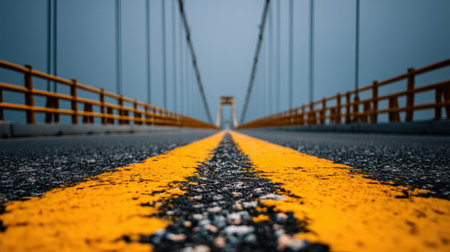 A captivating perspective view of yellow painted lines on a suspension bridge, leading into the distance under a gray, cloudy sky, creating an intriguing urban landscape.の素材