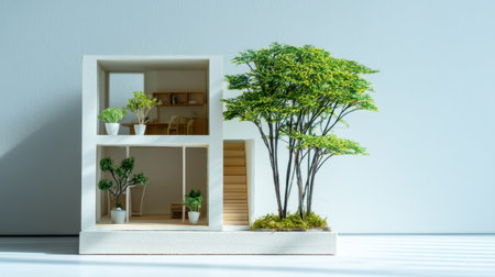 This detailed architectural model represents a contemporary house design with lush greenery, emphasizing a minimalist aesthetic and inspiring modern home concepts.の素材