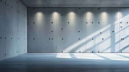 A spacious minimalist interior featuring concrete walls, soft lighting, and clear lines. This image embodies modern design ideals with an emphasis on simplicity and tranquility.の素材