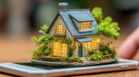 A whimsical miniature house model sits atop a smartphone screen, enveloped in lush greenery and soft lights, showcasing the fusion of technology and creative home design.の素材
