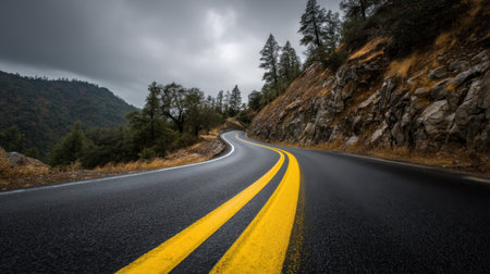 A captivating image of a winding road cut through a misty mountainous landscape, showcasing the natural beauty and tranquility of nature on a gloomy day.の素材