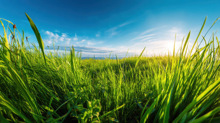 This vibrant image captures a field of lush green grass against a backdrop of a bright blue sky and soft clouds, radiating warmth and freshness in a tranquil setting.の素材
