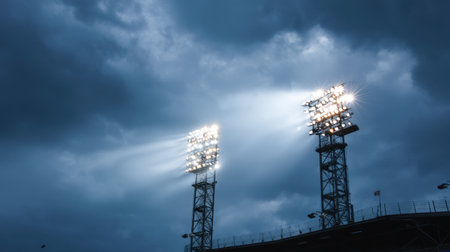 Captivating view of a sports stadium at dusk, featuring bright floodlights shining through dark clouds, creating a dramatic and atmospheric scene.の素材