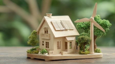 This detailed miniature wooden house features solar panels and a wind turbine, symbolizing sustainable living. Surrounded by lush greenery, it promotes eco-friendly solutions.の素材