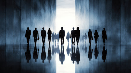 A striking image showcasing silhouetted business professionals walking through a narrow corridor, reflecting determination and modernity in a bright, inspiring atmosphere.の素材