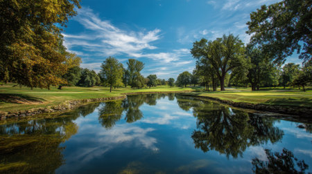Enjoy the beauty of a tranquil golf course featuring a stunning reflection of blue skies and lush greenery, creating a peaceful outdoor escape in nature.の素材