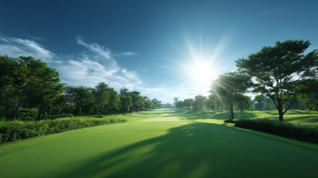Stunning view of a golf course under a vibrant sky, showcasing lush greenery and sunlight illuminating the fairway, perfect for outdoor relaxation and enjoyment.の素材