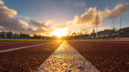A breathtaking view of a well-maintained athletic track during sunset. The vibrant sky and soft clouds create a serene atmosphere perfect for sports and training.の素材