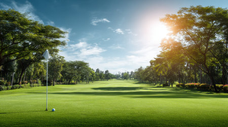 This image showcases a vast golf course with a vibrant green fairway under a bright blue sky. The sunlight filters through the trees, creating a peaceful atmosphere for golf enthusiasts.の素材