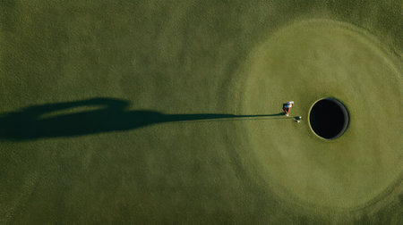Aerial perspective captures a golfer poised to putt on a green, casting a long shadow over the hole, showcasing focus and precision in the game of golf.の素材