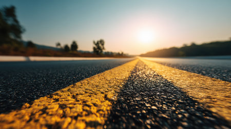 Captivating image of a quiet road during sunset, showcasing yellow lane markings and the serene beauty of nature. Ideal for travel or lifestyle themes.の素材