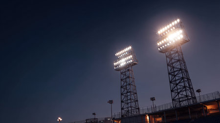 High view of towering stadium lights illuminating the field and stands during dusk. The tranquil night sky offers an atmospheric backdrop to the sporting event.の素材