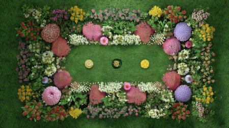 Vibrant flower garden showcases an array of colorful blooms arranged symmetrically on lush green grass, perfect for nature lovers and outdoor inspiration.の素材