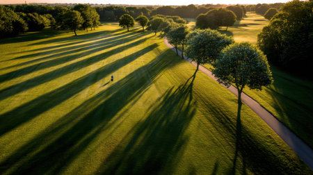 A stunning aerial view of a tranquil golf course showcases lush greenery, long shadows from trees, and a peaceful atmosphere under a bright evening sky.の素材