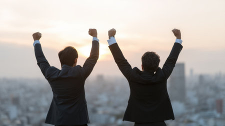 Two businessmen stand atop a city rooftop, celebrating their success at sunset. They raise their fists in joy, symbolizing hope, motivation, and teamwork.の素材