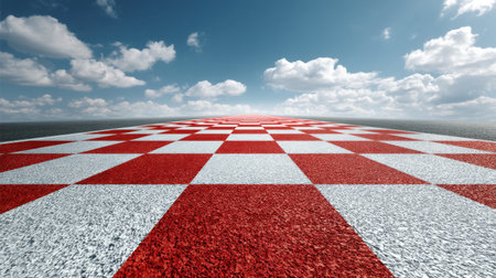 A mesmerizing checkerboard pattern stretches across the ground, leading to a bright sky filled with fluffy clouds, evoking a sense of adventure and exploration.の素材