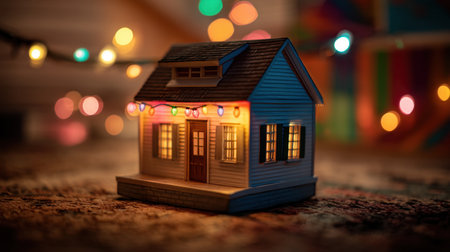 A charming miniature house adorned with colorful holiday lights creates a warm and inviting atmosphere perfect for festive celebrations and cozy gatherings.の素材