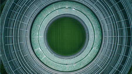 Captured from a unique aerial perspective, this circular stadium features vibrant green turf and neatly arranged seating, showcasing its modern architectural design.の素材