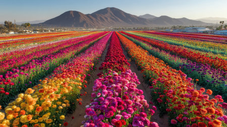 Explore a breathtaking landscape featuring a vibrant flower field filled with colorful blooms, set beneath a clear sky and majestic mountains at golden hour.の素材