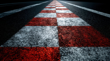 This captivating close-up image features a checkered racing finish line, highlighting the dynamic textures and dramatic lighting that embody the thrill of motorsports.の素材