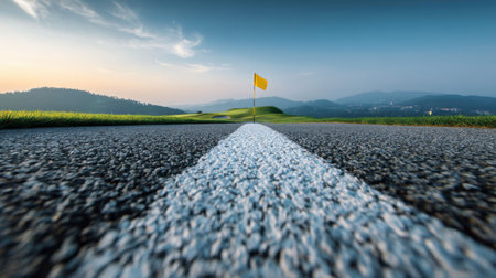This image features an empty road leading towards a yellow flag in the distance, surrounded by lush greenery and hills. The scene evokes a sense of tranquility and adventure.の素材
