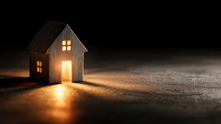 A charming wooden model of a house emits a warm light from its windows, creating an inviting atmosphere that symbolizes comfort and the essence of home.の素材