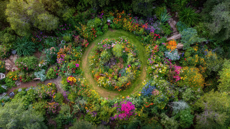 Experience the beauty of a vibrant garden boasting a circular pathway, lush greenery, and a stunning array of colorful flowers, showcasing nature's exquisite serenity.の素材