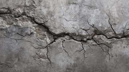 Detailed view of a cracked concrete wall surface, showcasing signs of aging and wear. Ideal for backgrounds or artistic purposes in various design projects.の素材