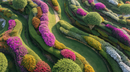 A stunning aerial view of a vibrant garden landscape featuring winding pathways embraced by lush greenery and colorful blooms in shades of pink, purple, and white.の素材