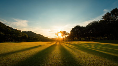 A tranquil scene featuring a vibrant sunset over a lush green field. Long shadows are cast by trees, creating a serene atmosphere in nature's evening glow.の素材