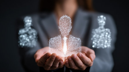 A captivating image depicting hands cradling a glowing silhouette of a business professional with shimmering abstract figures in the background, symbolizing teamwork and innovation.の素材