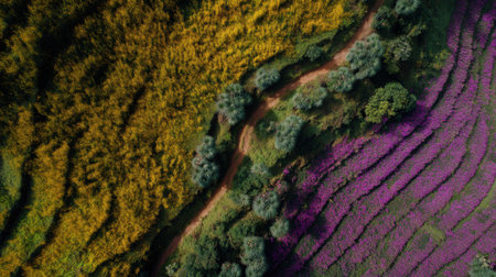 Stunning aerial view showcasing vibrant fields adorned with colorful flowers and a charming winding pathway, surrounded by lush greenery in an idyllic landscape.の素材