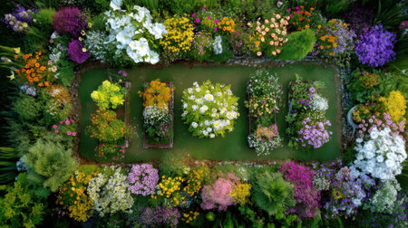A stunning aerial view of a flower garden bursting with vibrant colors and various blooms. This captivating scene showcases the beauty of nature and creativity.の素材