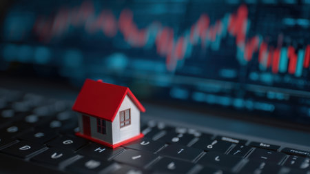 A miniature house is strategically placed on a laptop keyboard, symbolizing the intersection of real estate and technology, and reflecting market trends and investment opportunities.の素材