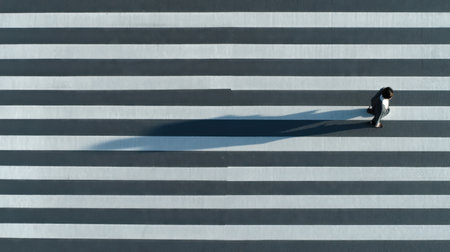 Captured from above, this image showcases an individual walking on a striped crosswalk. The striking lines create a dynamic visual contrast with the long shadow cast by the bright sunlight.の素材