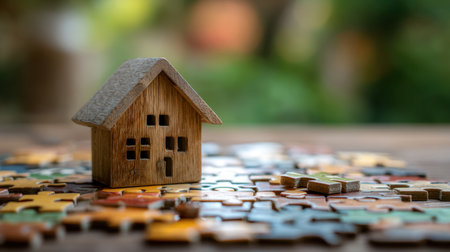 A charming wooden house model sits atop colorful puzzle pieces, symbolizing the joy of building and the essence of home amidst a vibrant, nature-inspired background.の素材
