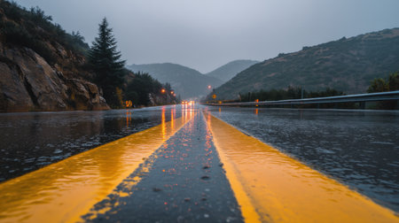 A scenic view of a wet road with bright yellow lines reflecting rain under a cloudy sky, surrounded by hills. This atmospheric landscape evokes a serene journey.の素材