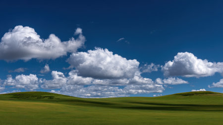 A beautiful landscape showcasing lush green hills and fluffy white clouds against a vibrant blue sky, creating a perfect scene for relaxation and nature appreciation.の素材
