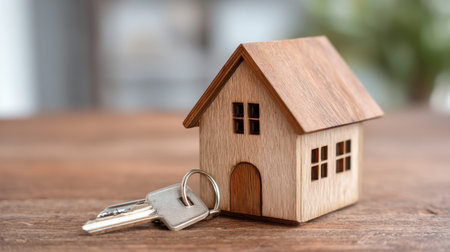 A wooden house model accompanied by keys rests on a table, representing home ownership and real estate investment, ideal for marketing, finance, or lifestyle themes.の素材
