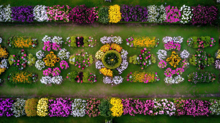 Experience the breathtaking beauty of a colorful flower garden captured from above, showcasing diverse blooms arranged in a harmonious and vibrant layout.の素材