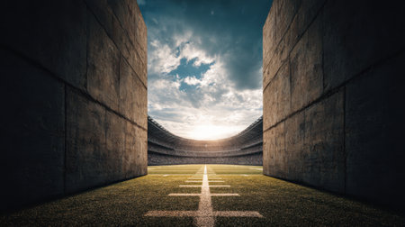 This image captures a stunning stadium entrance framed by concrete walls, showcasing a vibrant field and a dramatic sky at sunrise, ideal for sports themes.の素材