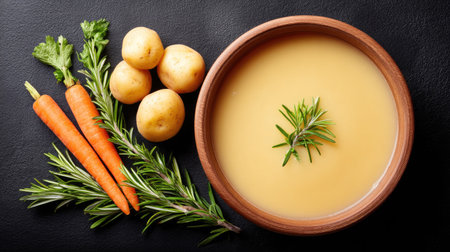 A rustic bowl filled with fresh vegetable broth, featuring potatoes, carrots, and rosemary on a dark stone surface, represents healthy cooking with natural ingredients.の素材