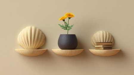 This image showcases a stylish arrangement of shell-shaped wooden shelves holding a charming flower pot and stacked books, creating a serene and aesthetic interior environment.の素材