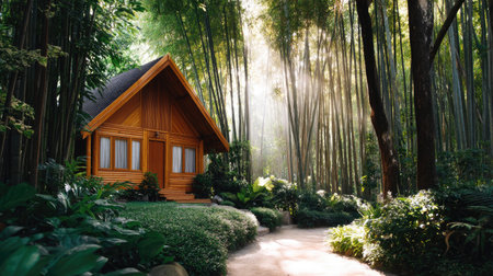 A charming wooden cabin sits peacefully in a bamboo forest, surrounded by lush greenery and illuminated by soft sunlight, creating a perfect escape into nature.の素材