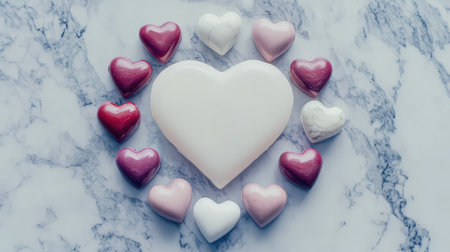 Top view of small heart-shaped objects arranged on marble surface with spacious empty middleの素材