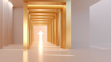 A stunning golden corridor leads toward a glowing light, featuring an upward arrow that conveys themes of hope and progress in a bright and minimalistic space.の素材