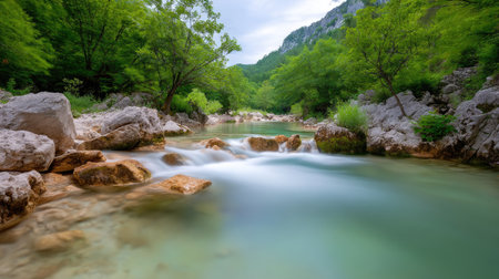 This stunning image captures a peaceful river flowing gently through a vibrant green landscape with smooth stones, inviting exploration and relaxation in nature's beauty.の素材