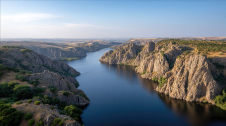 Majestic river gently winds through striking rocky cliffs under a clear sky, capturing nature's beauty in a peaceful and serene outdoor setting.の素材