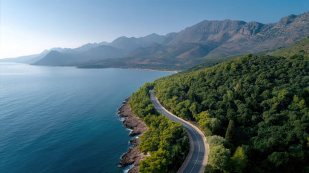A stunning aerial view of a coastal road weaving through a vibrant forest, alongside a serene blue sea and majestic mountains, ideal for travel and nature enthusiasts.の素材