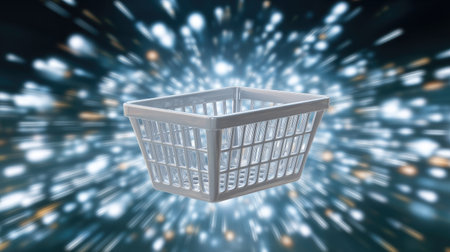 A stylish white plastic shopping basket set against a blurred backdrop of luminous light effects, evoking a sense of energy and motion ideal for modern retail themes.の素材